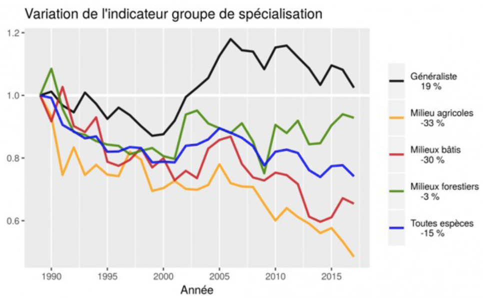 Evolution des indicateurs STOC entre 1989 et 2017 selon les milieux (source : MNHN). ce graphe montre la forte baisse des oiseaux communs spécialistes des milieux agricoles contrairement aux espèces spécialistes des forêts ou généralistes